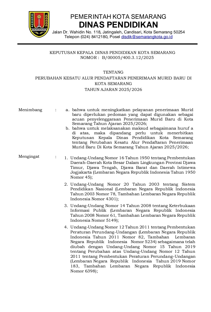 Perubahan Kesatu Alur Pendaftaran Penerimaan Murid Baru di Kota Semarang Tahum 2025/2026