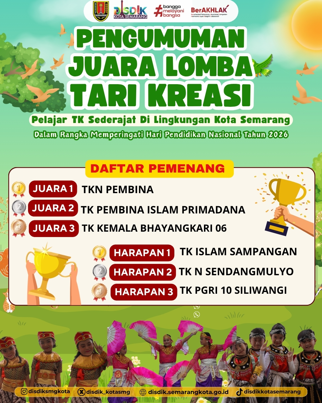 Pengumuman Juara Lomba Tari Kreasi jenjang TK sederajat